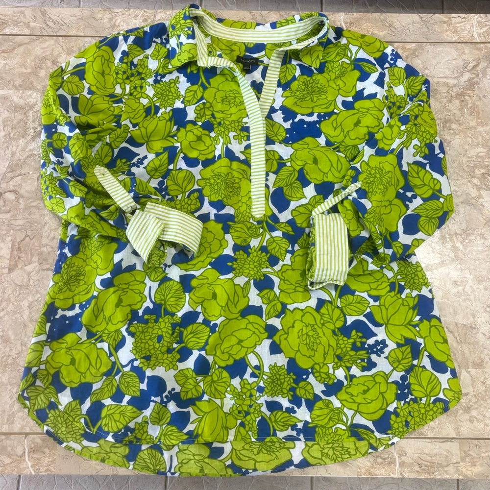 Talbots Green Blue Floral Cotton Tunic Blouse | Women’s XL Preppy Coastal Top - Picture 7 of 13